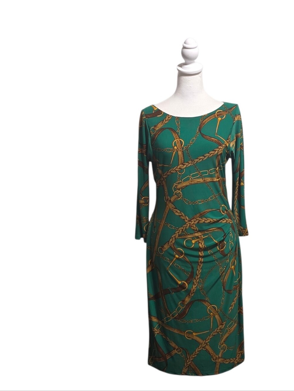 Lauren Ralph Lauren Green Chain Link Print Ruched Dress Size 8 Boat Neck Midi